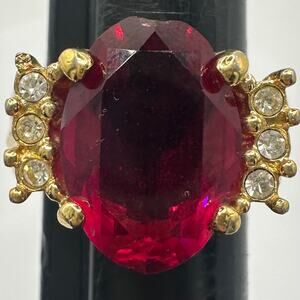 Christian Dior vintage 1970s gold plated red clear rhinestones adjustable ring